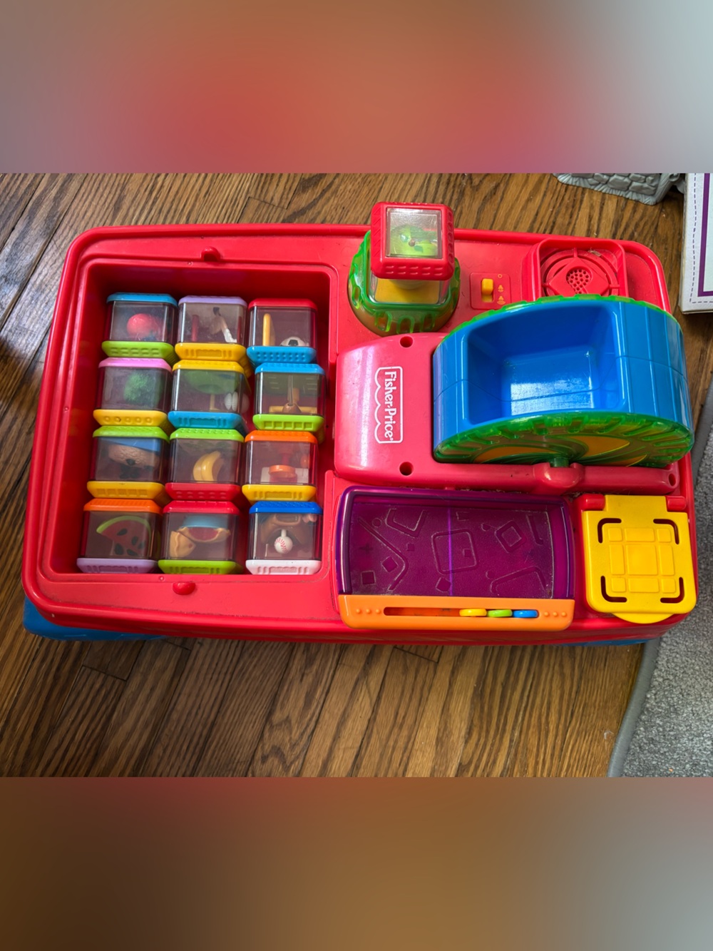 Peek a blocks wagon with sport and food themed blocks